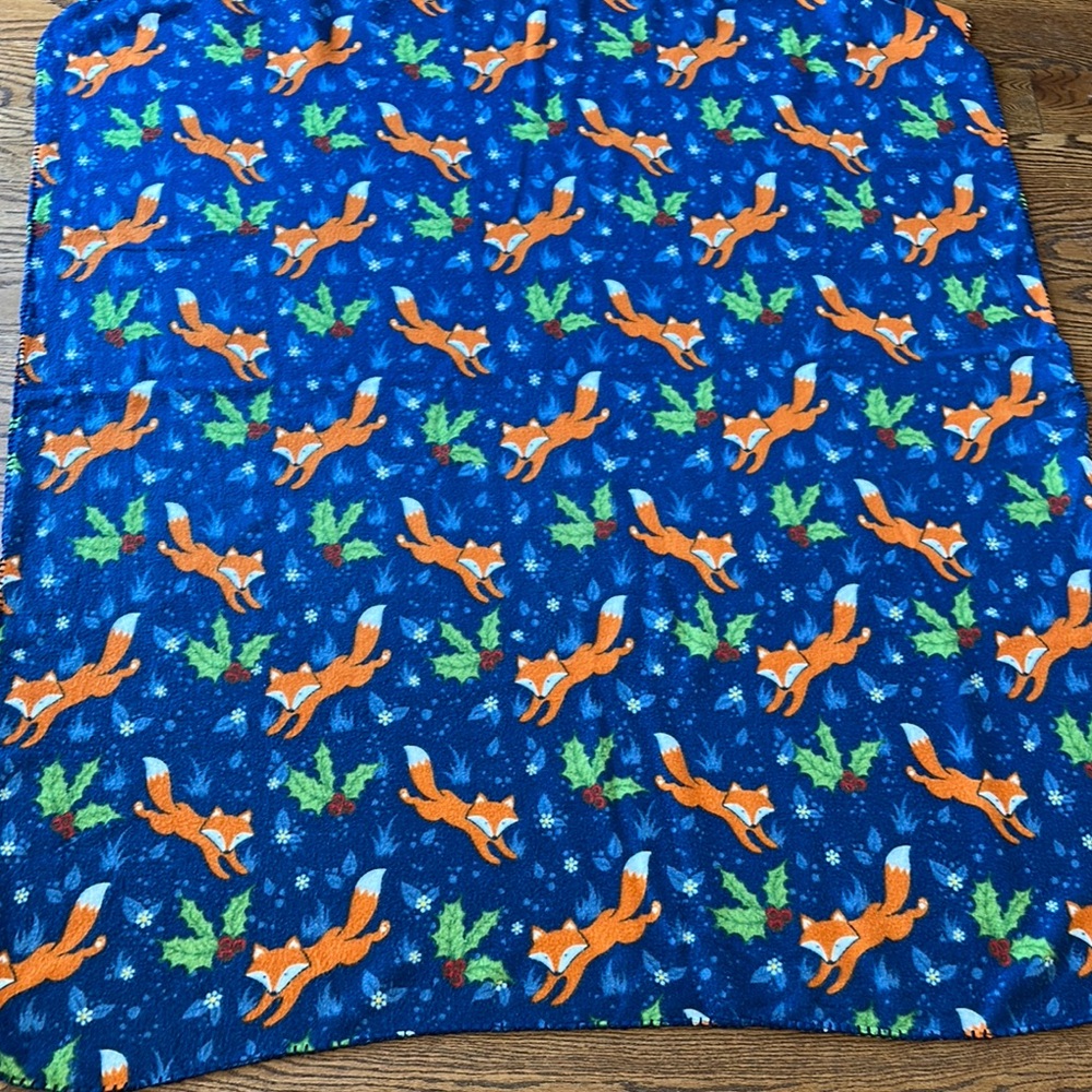 Blue Blanket with Fox and Leaf Pattern